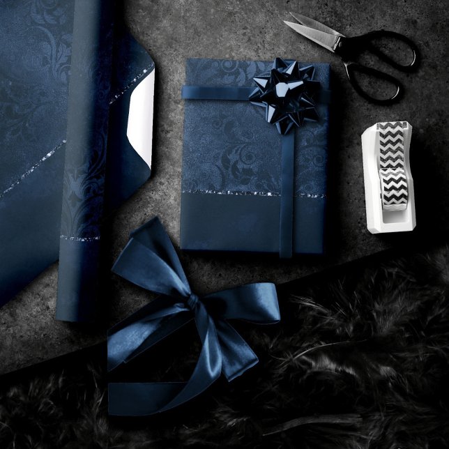 Midnight Navy Romance | Blue Satiny Grunge Damask Wrapping Paper (Creator Uploaded)