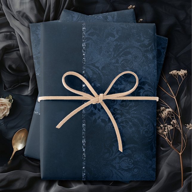 Midnight Navy Romance | Blue Satiny Grunge Damask Wrapping Paper Sheet (Creator Uploaded)