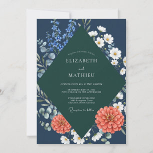 Midnight Navy Rust Dahlia Wedding Invitation