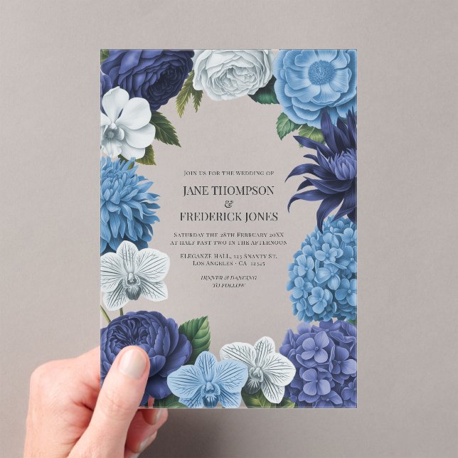 Midnight Navy, Steel Blue & Eucalyptus Grey Acrylic Invitations (Insitu (Handheld))