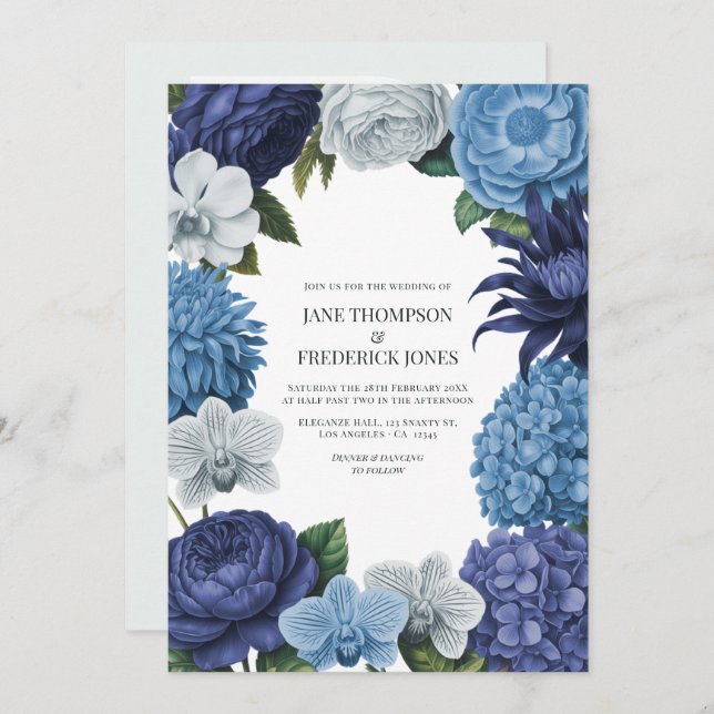 Midnight Navy, Steel Blue & Eucalyptus Grey Invitation (Front/Back)