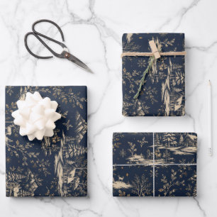 Midnight Navy Winter Toile de Jouy Christmas Wrapping Paper Sheet