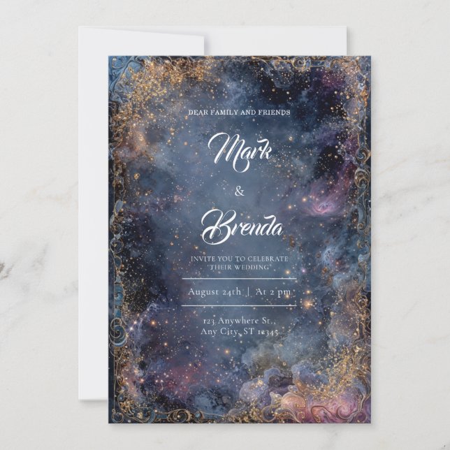 Midnight Nebula Gold Wedding Invitation (Front)