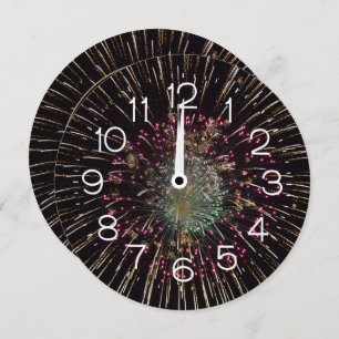 Midnight New Years Eve Clock On Fireworks Invitation