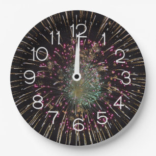 Midnight New Years Eve Clock On Fireworks Paper Plate