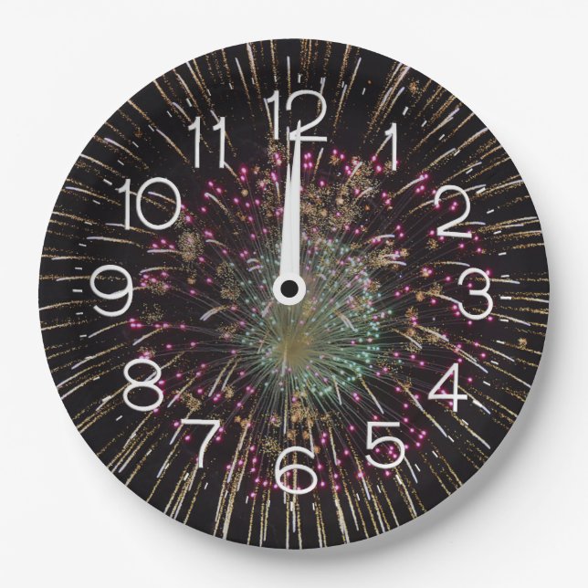 Midnight New Years Eve Clock On Fireworks  Paper Plate (Front)