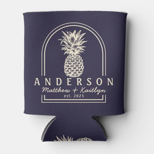 Midnight Ocean Pineapple Wedding Arch & Name Can Cooler (Front)