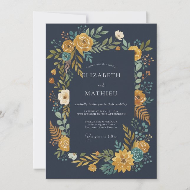 Midnight Ochre Ranunculus Grey Eucalyptus Wedding Invitation (Front)