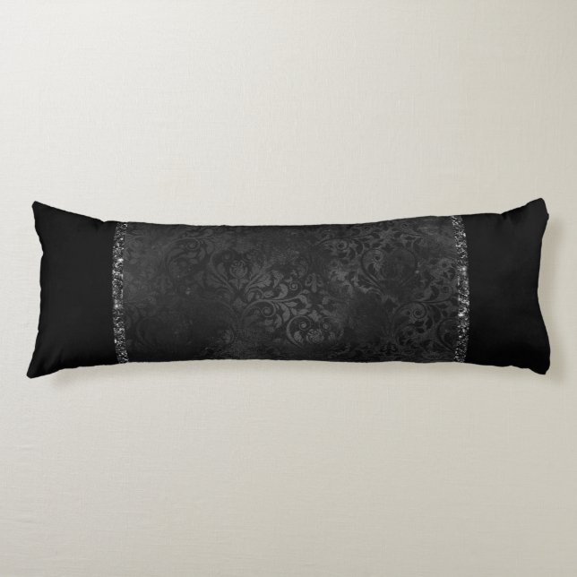 Midnight Onyx Romance | Black Satiny Grunge Damask Body Cushion (Front)
