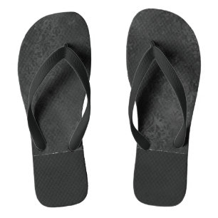 Midnight Onyx Romance   Black Satiny Grunge Damask Flip Flops