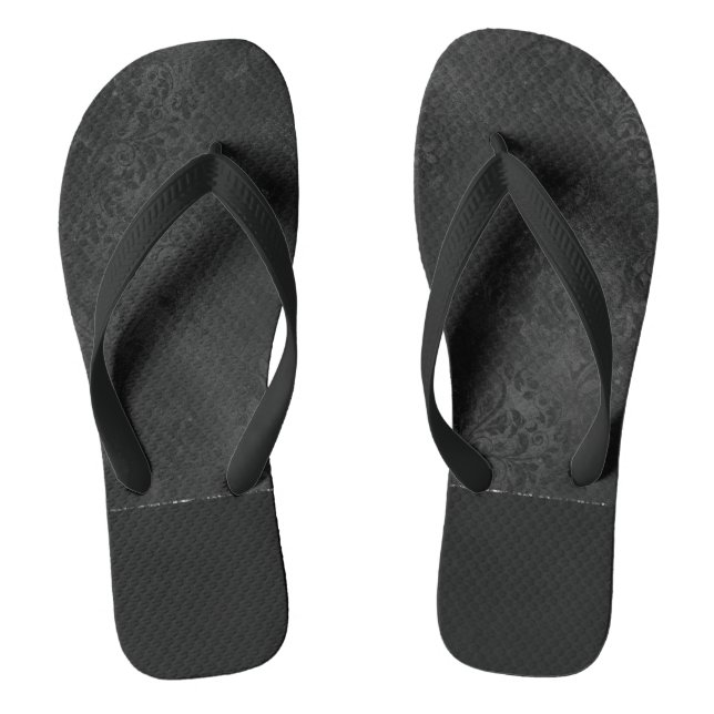 Midnight Onyx Romance | Black Satiny Grunge Damask Flip Flops (Footbed)