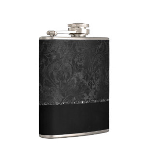 Midnight Onyx Romance   Black Satiny Grunge Damask Hip Flask
