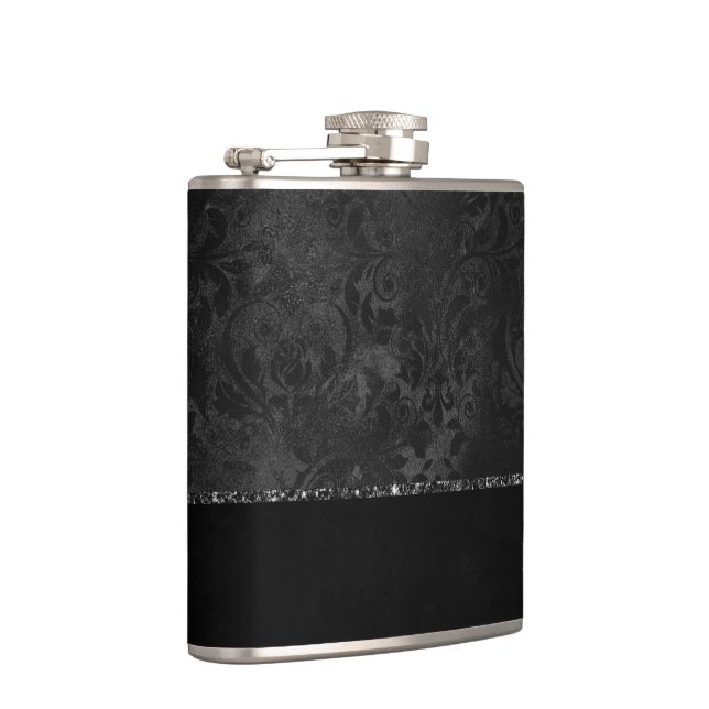 Midnight Onyx Romance | Black Satiny Grunge Damask Hip Flask (Right)