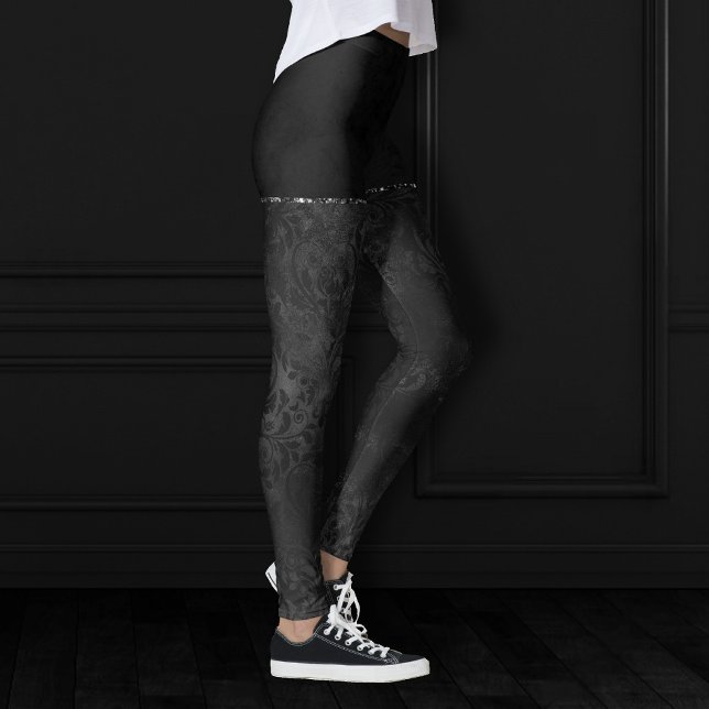 Midnight Onyx Romance | Black Satiny Grunge Damask Leggings (Creator Uploaded)