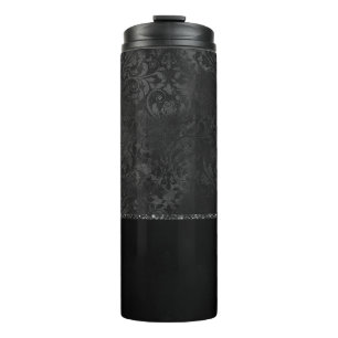 Midnight Onyx Romance Black Satiny Grunge Damask Thermal Tumbler