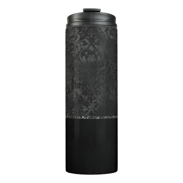 Midnight Onyx Romance | Black Satiny Grunge Damask Thermal Tumbler (Front)