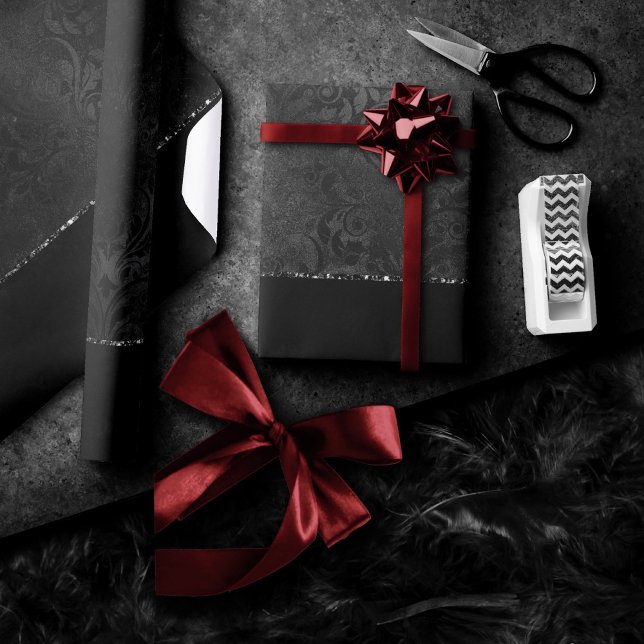 Midnight Onyx Romance | Black Satiny Grunge Damask Wrapping Paper (Creator Uploaded)