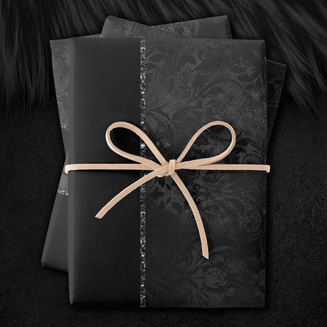 Midnight Onyx Romance | Black Satiny Grunge Damask Wrapping Paper Sheet (Creator Uploaded)