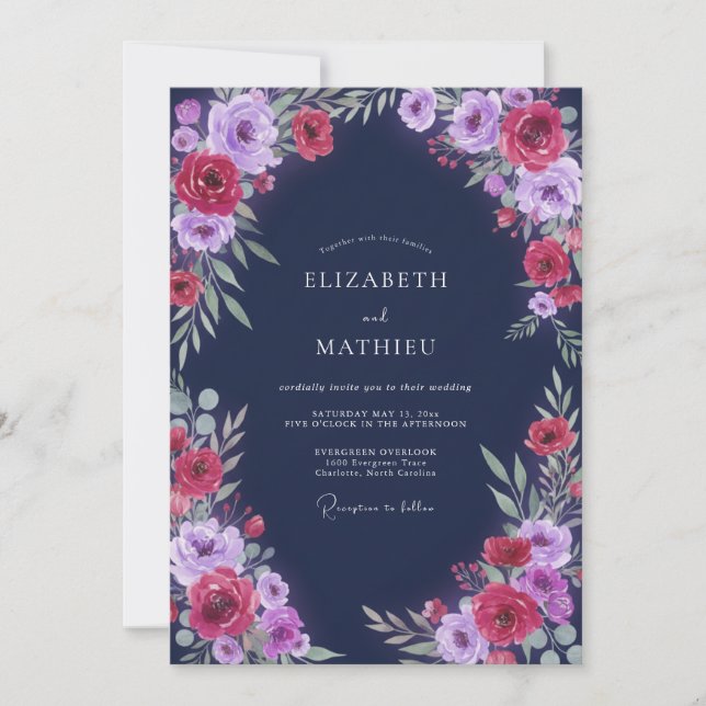 Midnight Orchid Wreath Wedding Invitation (Front)