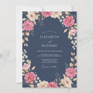 Midnight Pale Blush Ranunculus Eucalyptus Wedding Invitation