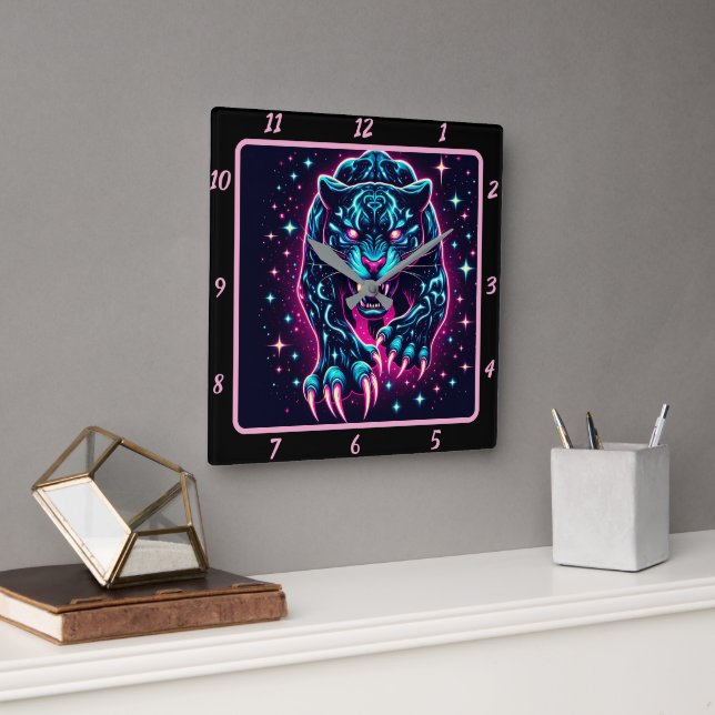 Midnight Panther Electric Neon Timer Square Wall Clock (Office)