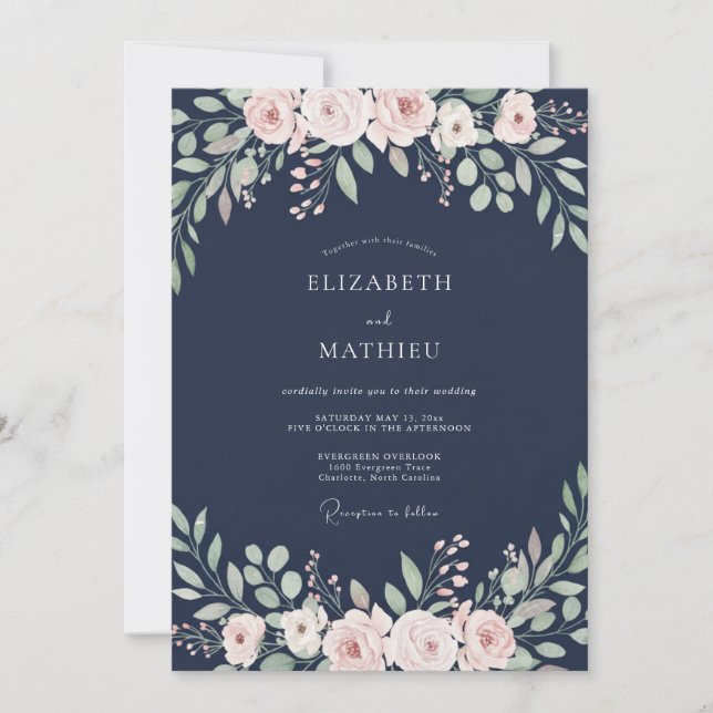 Midnight Peach Foliage Muted Eucalyptus Wedding Invitation (Front)
