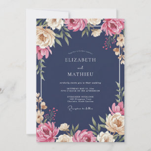 Midnight Peach Ranunculus Eucalyptus Wedding Invitation