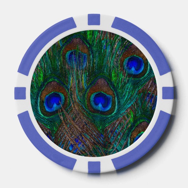 Midnight Peacock Feathers Etching Style Poker Chips (Front)