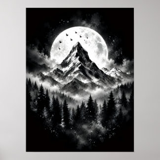Midnight Peaks Black & White Mountain Moon Poster