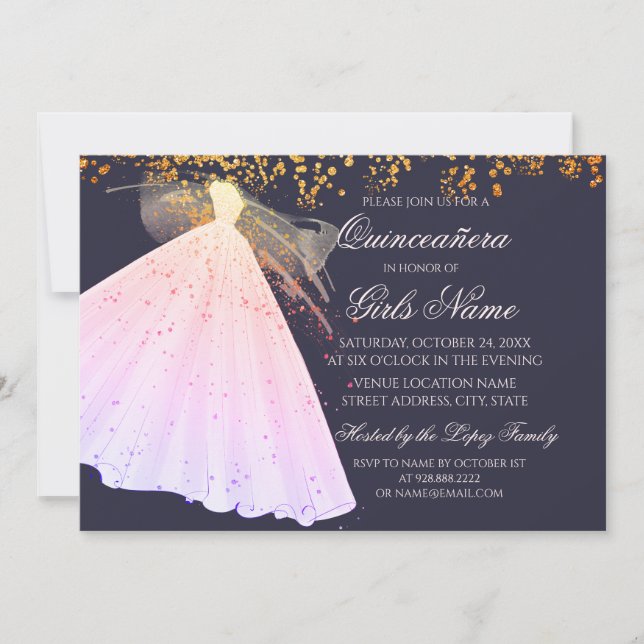 Midnight & Pink Gown Sparkle Heels Quinceañera Invitation (Front)