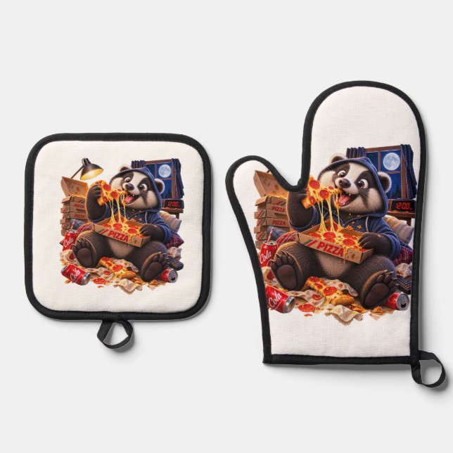 Midnight Pizza Badger – Cute Funny Badger Eating P Oven Mitt & Pot Holder Set (Front)