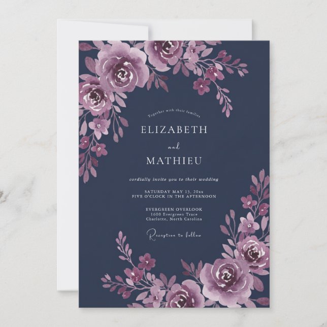 Midnight Plum Watercolor Wedding Invitation (Front)