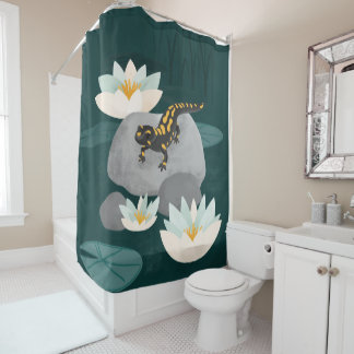Midnight Pond Fire Salamander Shower Curtain