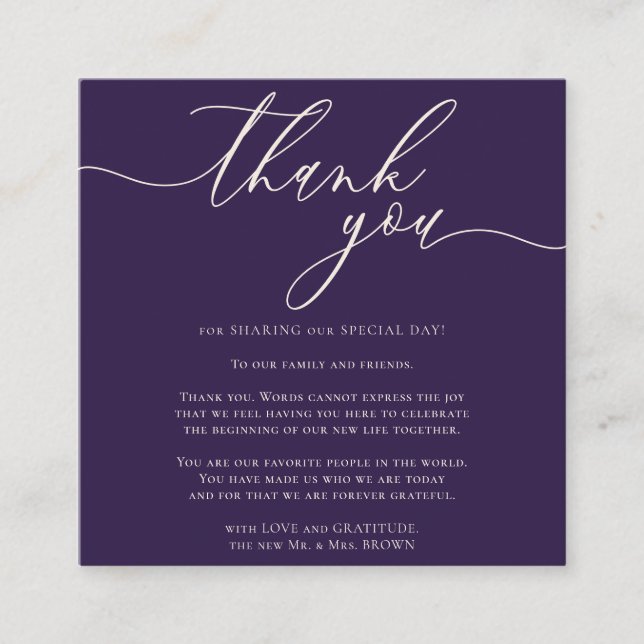 Midnight Purple Thank You Elegant Script Enclosure Card (Front)