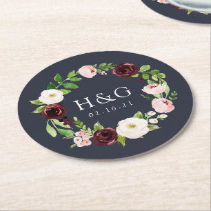 Midnight Romance Wedding Monogram & Date Round Paper Coaster
