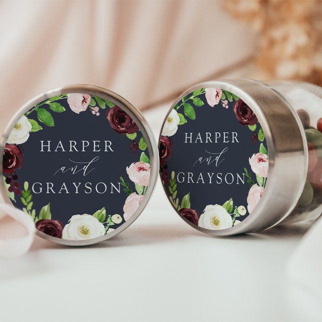 Midnight Romance Wreath Wedding Classic Round Sticker (Creator Uploaded)