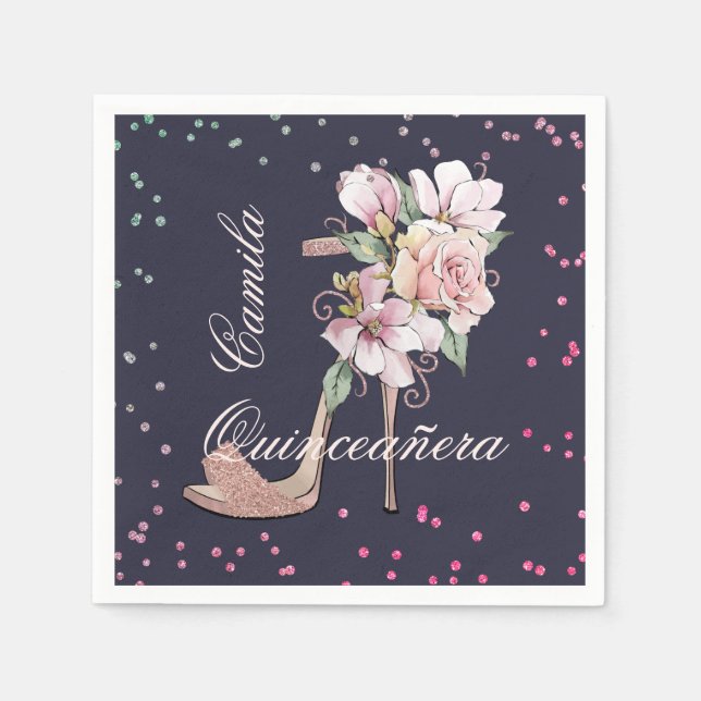 Midnight Rose Gold Sandal Quinceañera Napkin (Front)