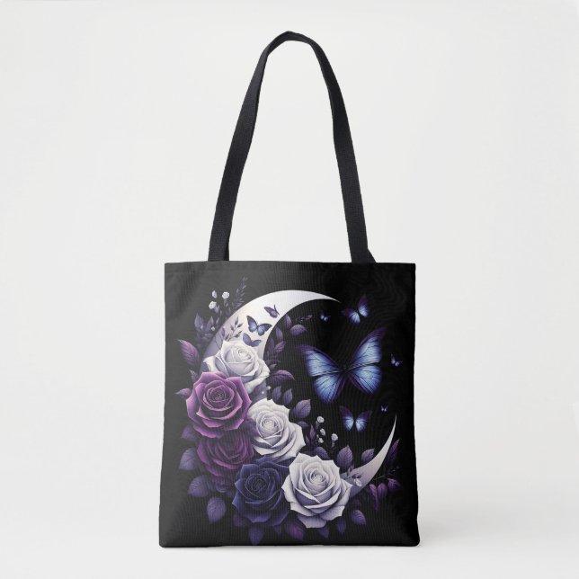 Midnight Roses, Half Moon, and Butterflies Tote Bag (Front)