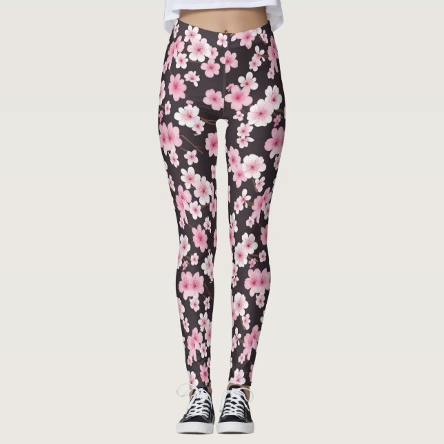 Midnight Sakura: A Cherry Blossom Symphony Leggings (Front)