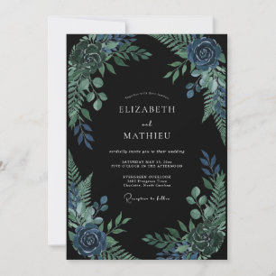 Midnight Sapphire Foliage Eucalyptus Wedding Invitation