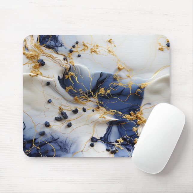 Midnight Sapphire Marble with Gold Threads Mouse Mat (With Mouse)