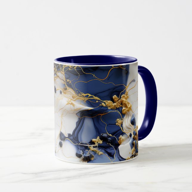 Midnight Sapphire Marble with Gold Threads Mug (Front Right)