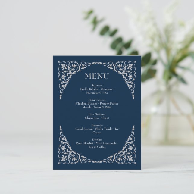 Midnight Serenity Navy and Silver Wedding Menu (Standing Front)