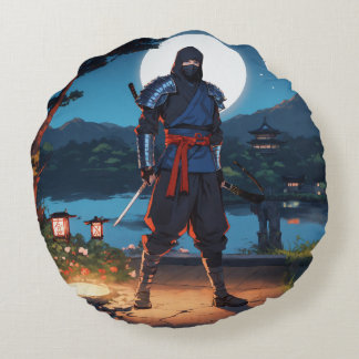 Midnight Shinobi Warrior: Stealth Ninja Moonlight Round Cushion