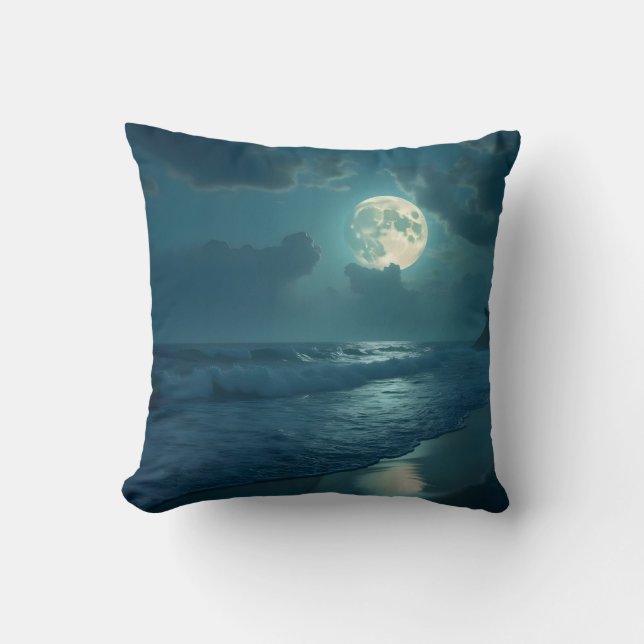 Midnight Shore – Moonlit Seascape Throw Pillow (Front)