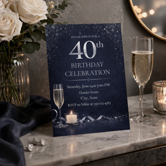 Midnight Silver 40th Glow Invitation (Midnight navy and silver shimmer set the tone for a refined 40th birthday evening)