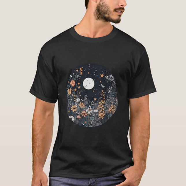 Midnight Sky Aesthetic Meadow Flower Garden T-Shirt (Front)