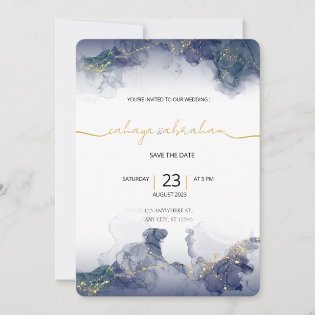 Midnight Sky & Gold Veins Moody Modern Wedding  Invitation (Front)