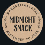 Midnight Snack Rustic Wedding Classic Round Sticker<br><div class="desc">Midnight Snack Rustic Wedding. Add a fun touch of colour and unique style to your wedding or bridal shower favours. A bridal shower favour bag is a great addition to party planning. These unique bags will easily be used as a gift and can serve as a beautiful decoration at your...</div>