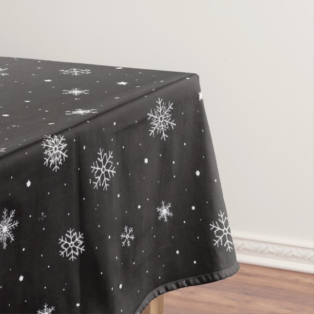 Midnight Snowflakes Sparkle on Black Tablecloth (In Situ)